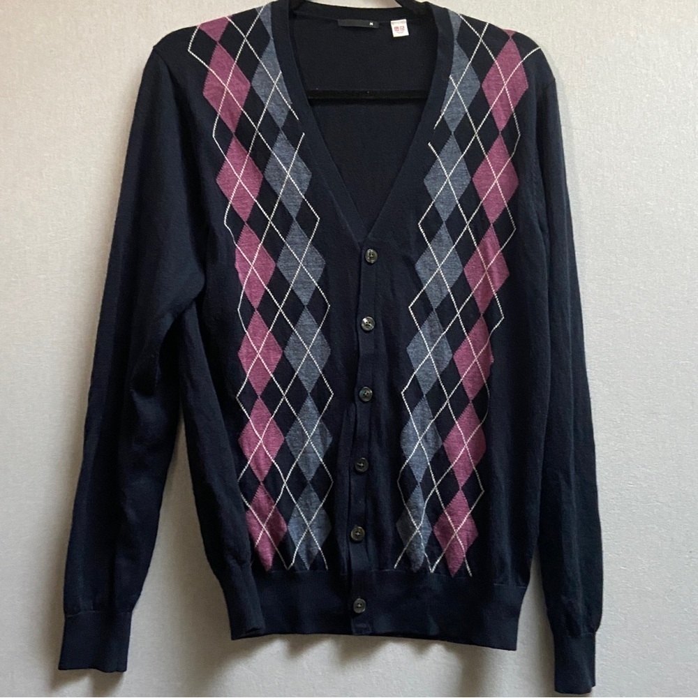 Uniqlo Wool Blend Argyle Button Sweater Cardigan M